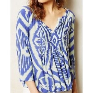 Anthropologie Vanessa Virginia 4 Mahdia Ikat Pleated Blouse 3/4 Sleeve Peasant